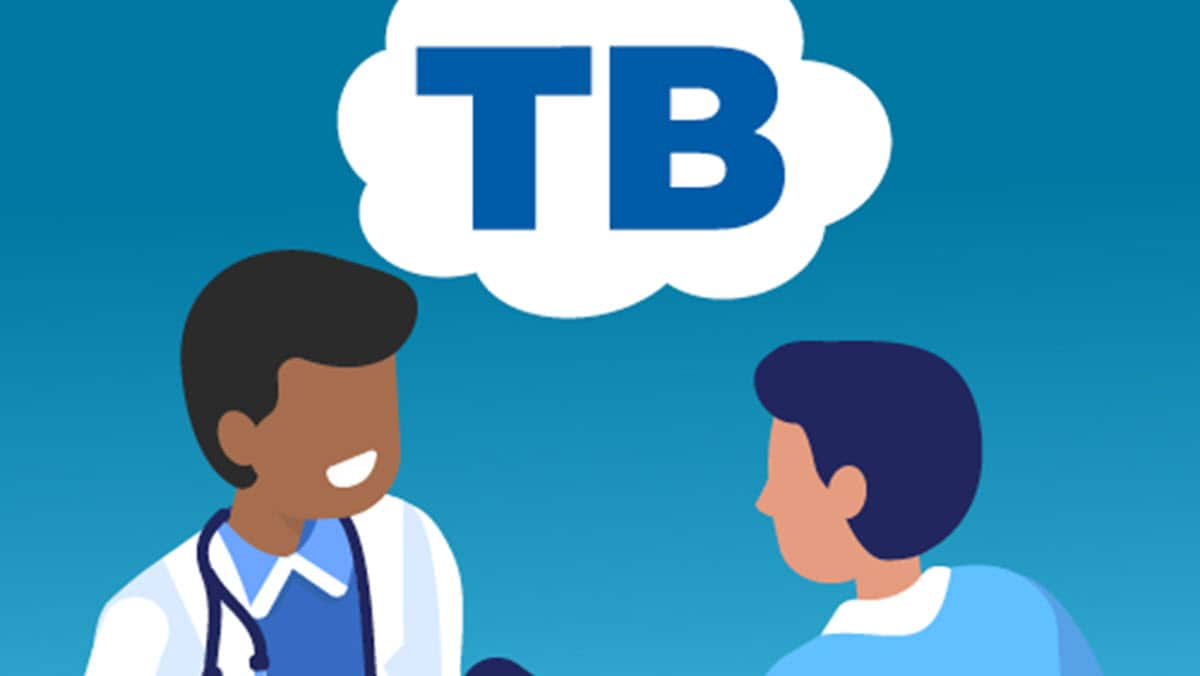 A health care provider speaks with a patient with a thought bubble overhead that says "TB"