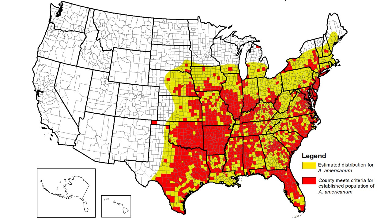 Image shows a map of the United States highlighting which counties have an established population of lone star ticks