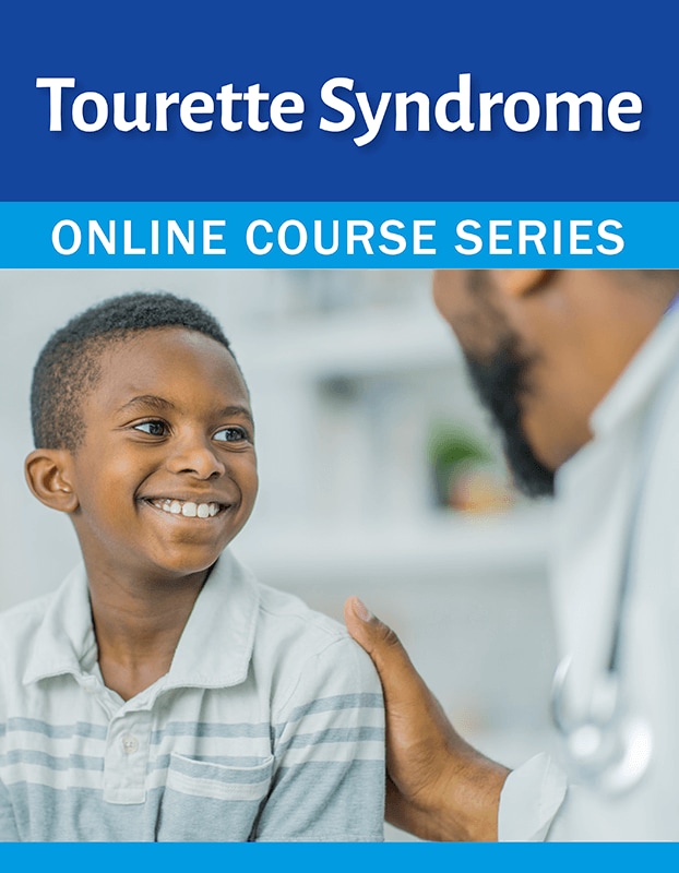 Graphic with images of doctor placing hand on child's shoulder and Pedialink training home page. Text reads, "Tourette Syndrome Online Course Series"