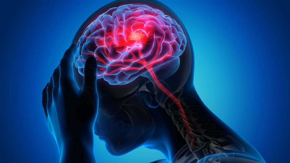 Animated image of a person's brain highlighted with red.