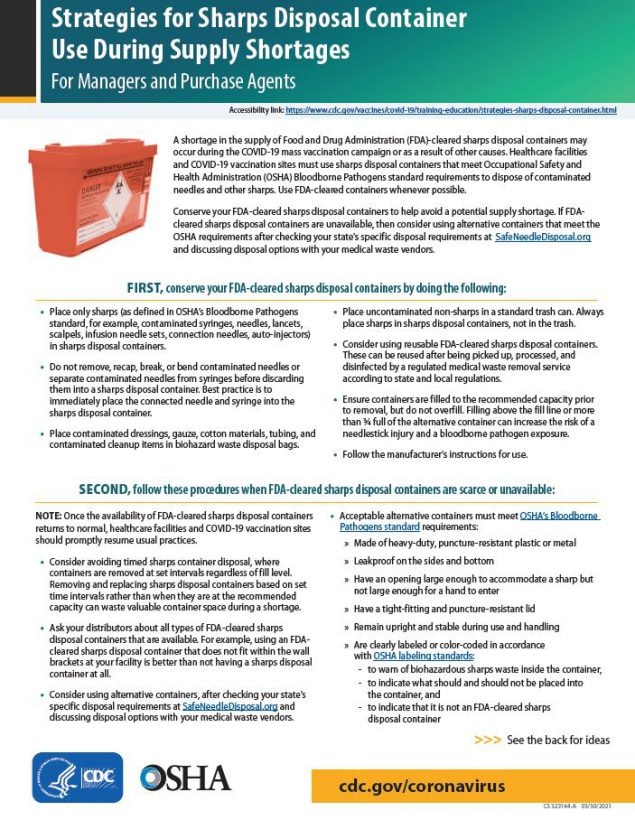 Strategies for Sharps Disposal Container Use During Supply Shortages