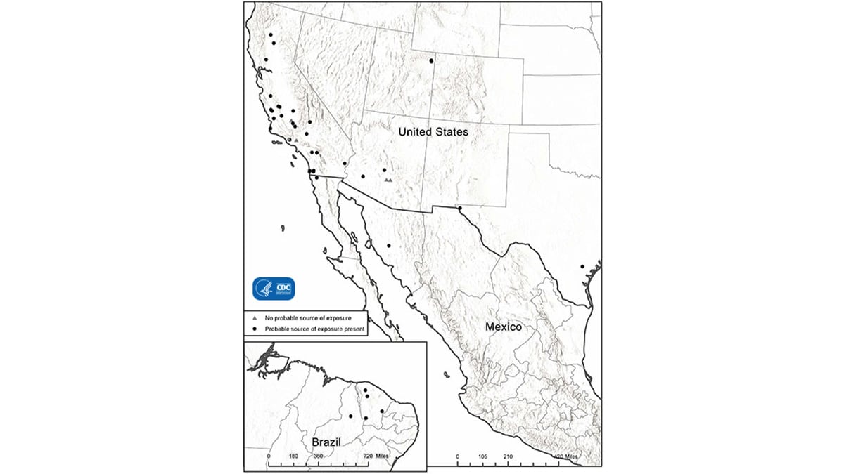 This map shows the locations of 40 coccidioidomycosis outbreaks that happened in the U.S., Mexico, and Brazil during 1940 –2017. In the United States, 25 outbreaks happened in California, 4 happened in Arizona, and 2 each happened in Utah and Texas. Five outbreaks occurred in Brazil, and 2 in Mexico.