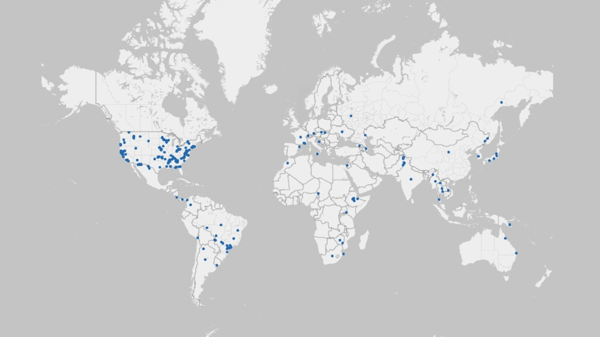 Map of the world showing the locations where bacterial isolates in the CRIRC originated from.