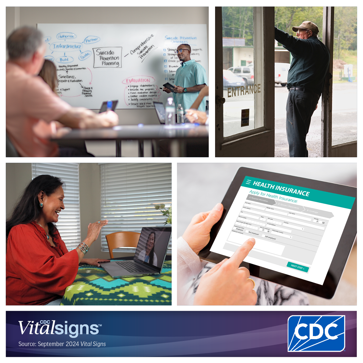 VS collage Photo collage of people discussing suicide risks, a lone man looking out a doorway, a woman talking with a doctor through a computer, and a person applying for health insurance online.