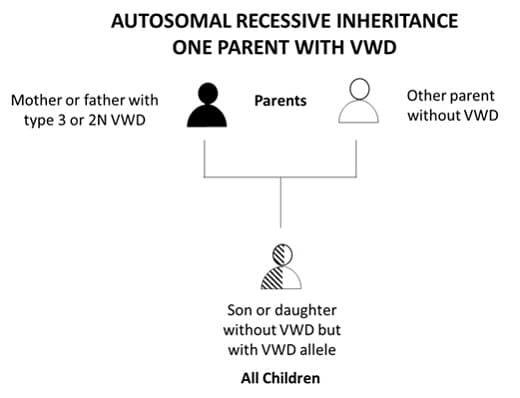 Herencia autosómica dominante de uno de los padres con la enfermedad de Von Willebrand.