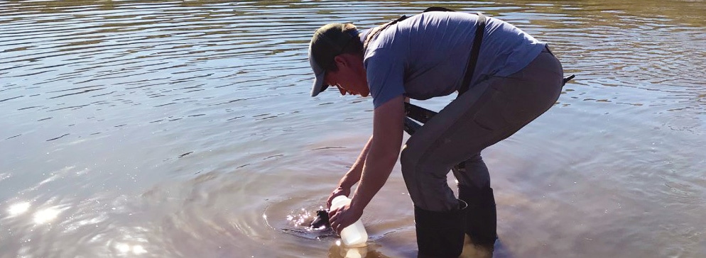 A scientist bending over to collect a water sample from an outdoor body of water.