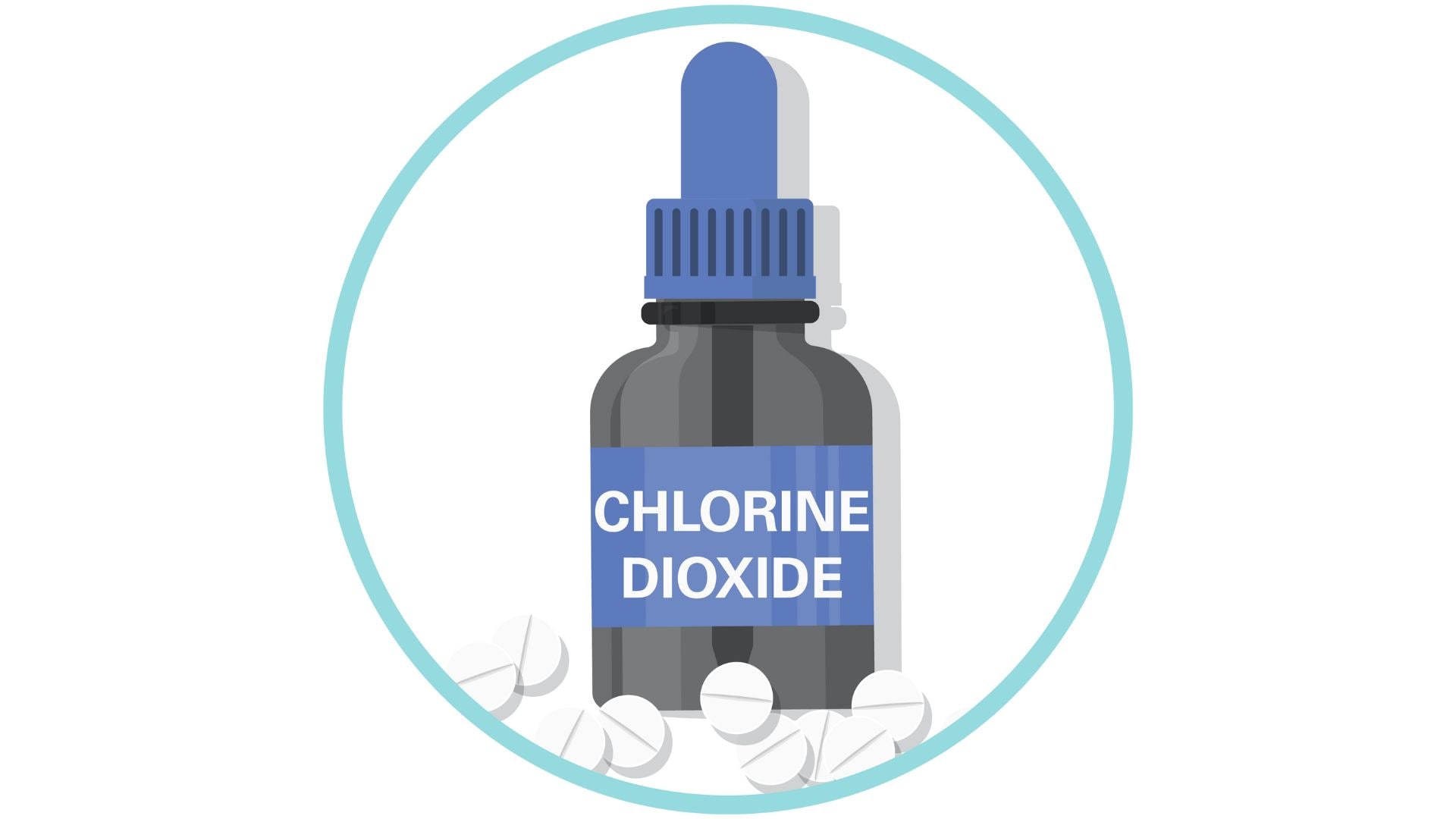 Illustration of a dropper bottle containing chlorine dioxide and chemical disinfection tablets for water