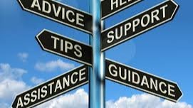 Street sign that lists works such as Advice, Support, Tips, Assistance, and Guidance