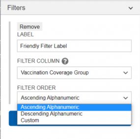 Filter Window Options Screen Capture of the Filter options for Data Visualization Maps in the WCMS editor