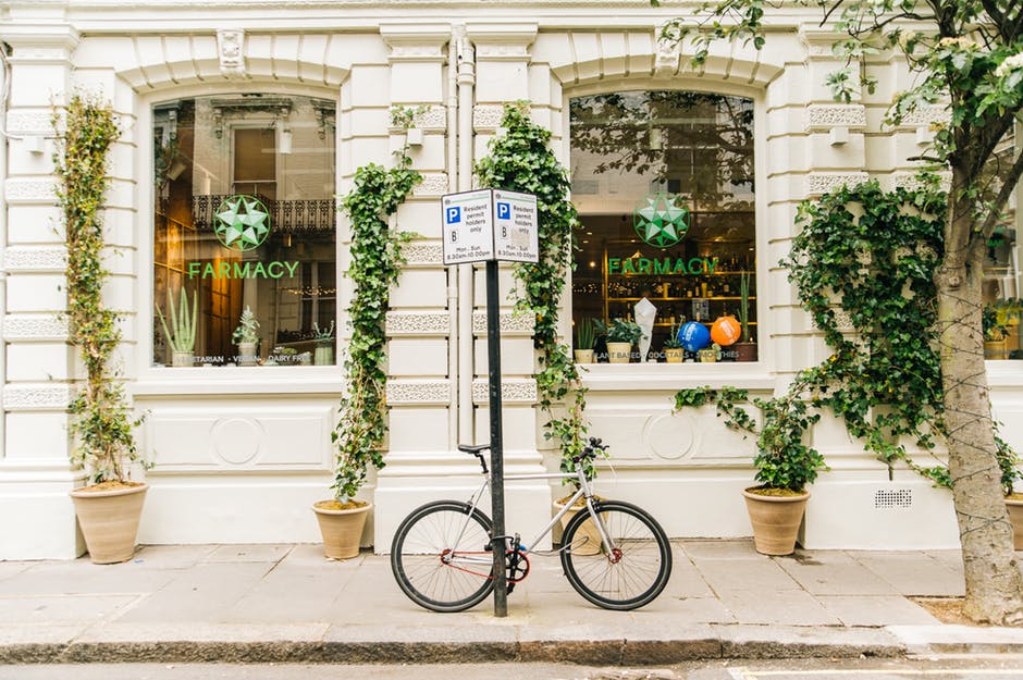 Example image: bicycle in front of village pharmacy