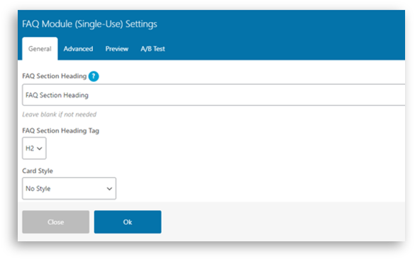 FAQModuleSetting Image of settings window for creating an FAQ module