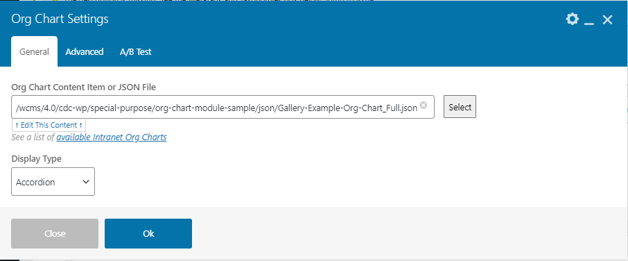 Org Chart Options Screen Capture of Org Chart Options in the WCMS editor