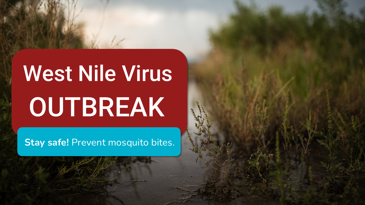 Canal with standing water, surrounded by grass. Text: West Nile Virus Outbreak. Stay safe! Prevent mosquito bites.