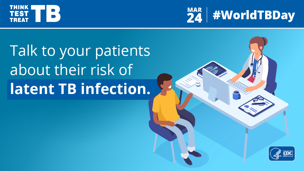 A healthcare provider at her desk with a patient. Talk to your patients about their risk of latent TB infection.