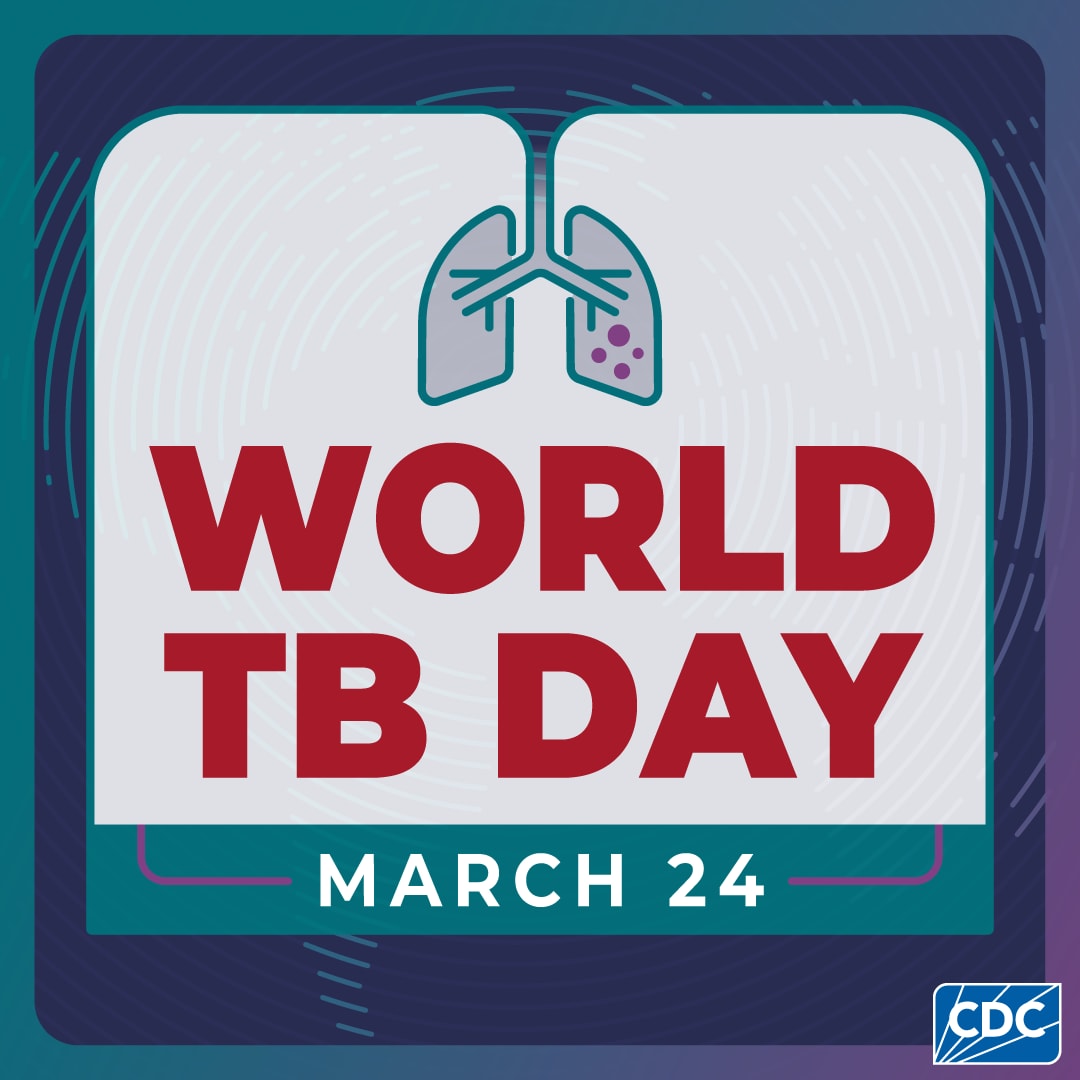 An outline of lungs over a map of the world. World TB Day March 24.