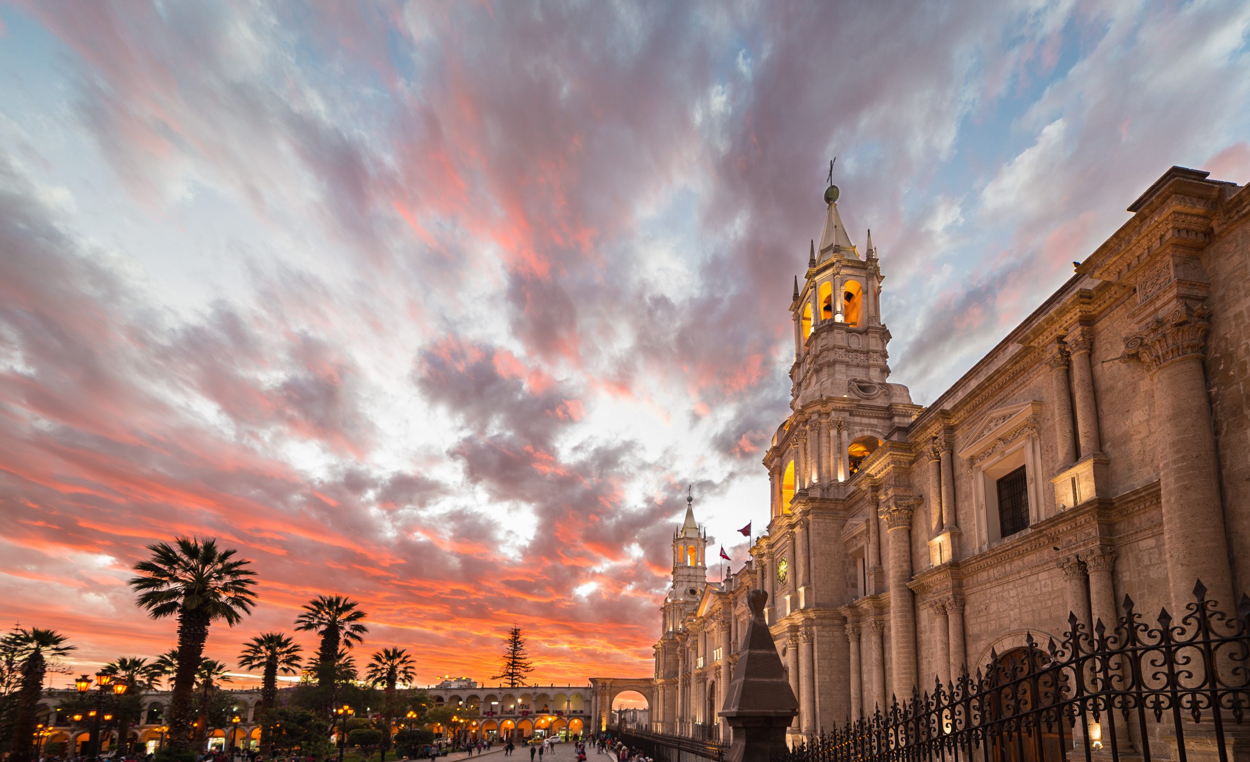 Cathedral of Arequipa, Peru at dusk.