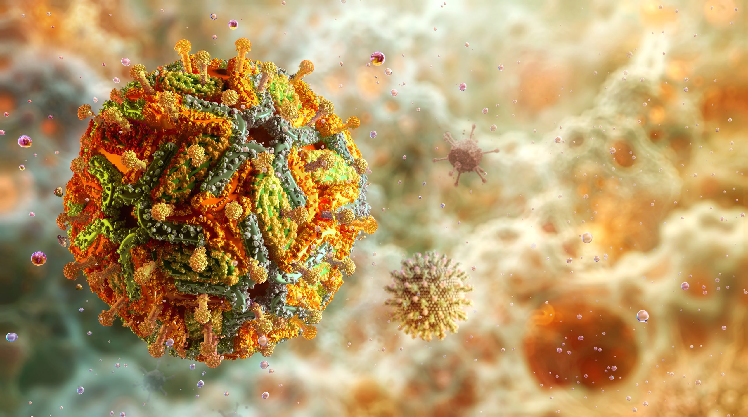 This image shows microscopic Yellow Fever as yellow, orange, and green spheres with cloudy yellow-orange background.