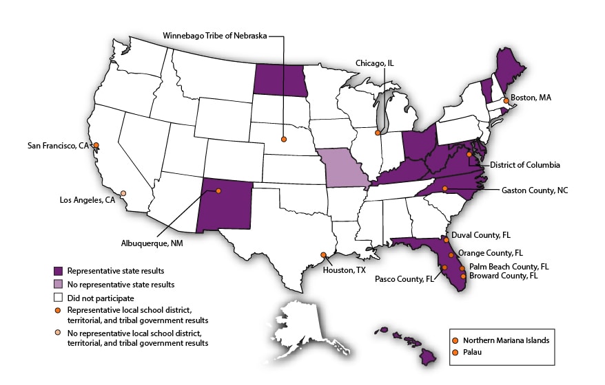 This map illustrates state, territory, tribal government, and local school district participation in the 2021 Middle School YRBS. There is a text version of this information in the tables below.