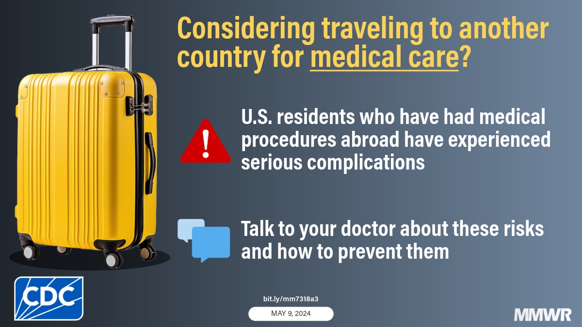 The graphic shows a yellow suitcase with text about getting medical procedures abroad.